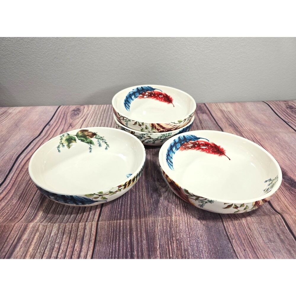 4 Pier 1 Imports Ironstone Feather Branch Set Pasta Spaghetti Bowls 8" Retired